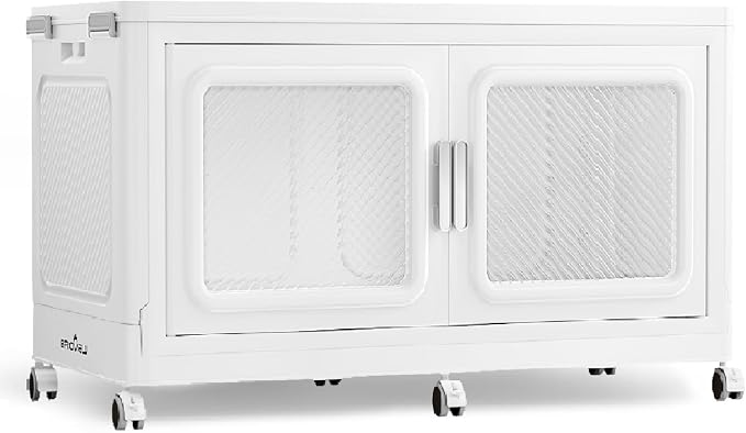 BROVIEW 220 Qt/55 Gal Stackable Storage Bins with Lids, 1 Pack, White | Large Stackable Storage Boxes w/ 1 Lid Folding Plastic Cart Organizer for Home Kitchen, Open Front Clear Door with Wheels