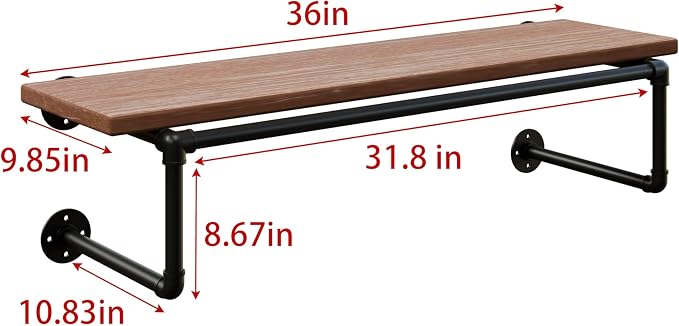 Clothes Rack 36in, Wall Mounted Garment Racks with Brown Real Wood Shelf, Heavy Duty Hanging Clothes Rack, Multi-Purpose Hanging Rod, Space-Saving Closet Storage