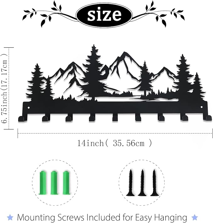 Metal Key Holder, Wall Mounted Key Hooks, Key Holder for Wall, Key Organizer Rack with 9 Hooks, Key Hanger Decor for Kitchen, Entryway, Hallway, Bedroom, Doorway (Mountain 14IN)