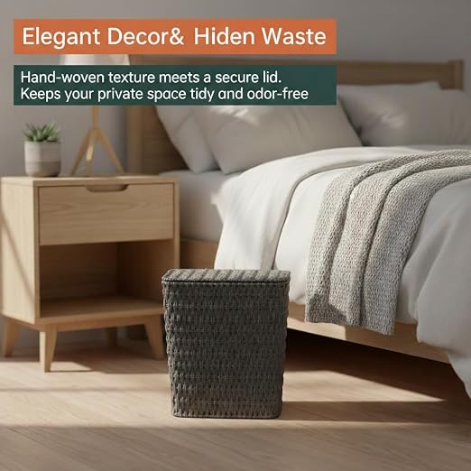 Coeusy 3 Gallon Paper Rope Bathroom Trash Can,Small Wicker Trash Cans with Lid and Liner,Woven Rattan Narrow Waste Basket for Bedroom,Office,Grey