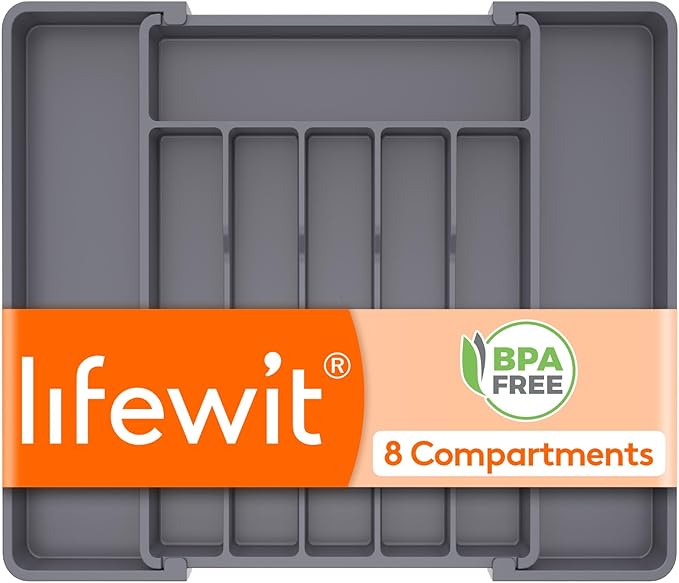Lifewit Silverware Drawer Organizer, Expandable Utensil Tray for Kitchen, BPA Free Flatware and Cutlery Holder, Adjustable Plastic Storage for Spoons Forks Knives, 10.9"-17.5" x 13.7", Dark Grey
