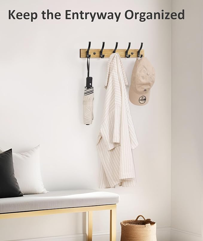 Optish Coat Rack Wall Mount, 16.5 Inches Wood Coat Hooks Wall Mount, Wall Coat Rack with 5 Hooks, Hat Rack Wall Hooks for Hanging Coat, Bag, Towel (1Pack, Natural)
