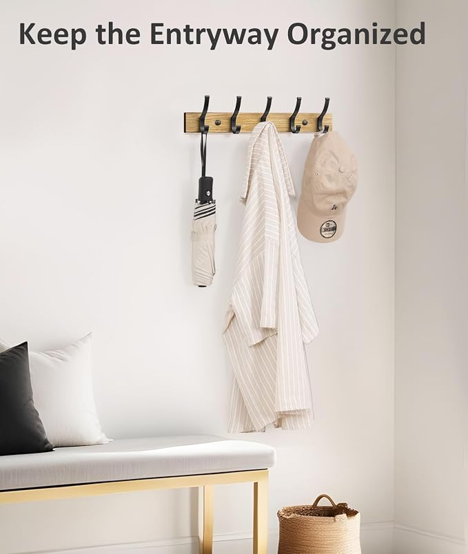 Optish Coat Rack Wall Mount, 16.5 Inches Wood Coat Hooks Wall Mount, Wall Coat Rack with 5 Hooks, Hat Rack Wall Hooks for Hanging Coat, Bag, Towel (2Pack, Natural)