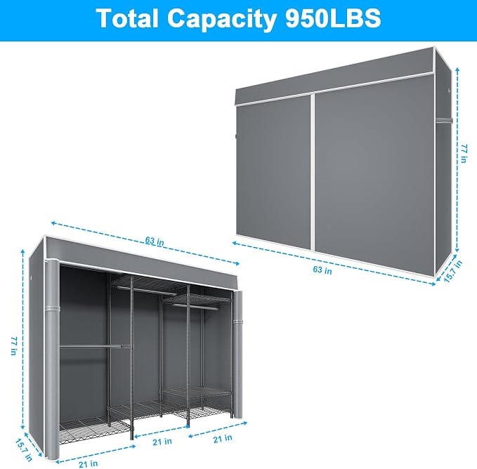 E13C Heavy Duty Closet Organizer System，Freestanding Clothing Racks for Hanging Clothes，Adjustable Garment Rack 63" W x 16" D x 77" H Hold 960 lbs，Black Clothing Rack with Grey Dustproof Cover