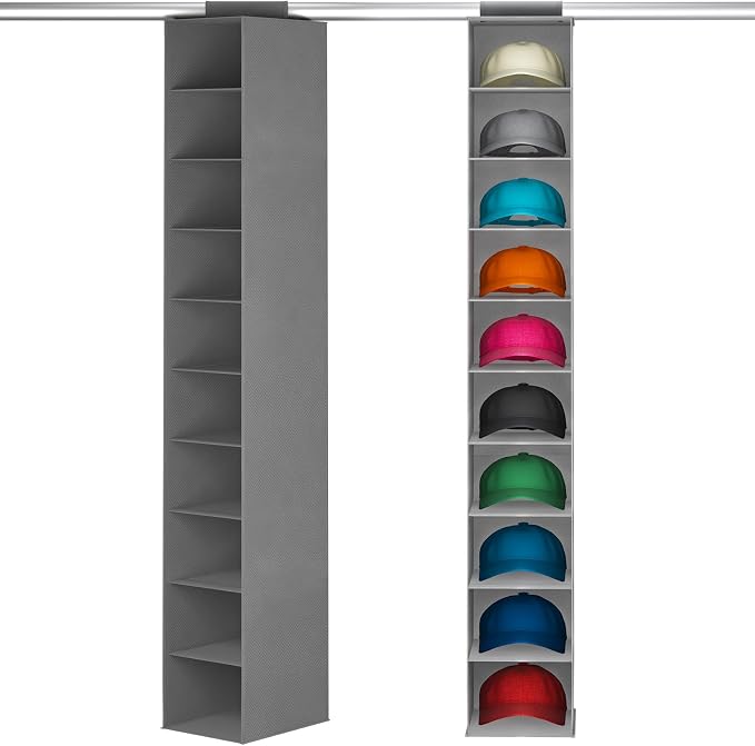 Lifewit 10 Section Hanging Hat Organizer for Baseball Caps, Gray, 1 Pack | Hat Rack Hanging Storage, Non-Woven Fabric Display Shelf Holds Up to 40 Hats, Cap Holder Hanger for Closet, Bedroom