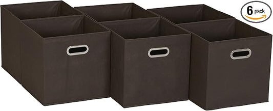 Household Essentials Fabric Storage Bins in Strong Poly‑Woven Fabric with Sturdy Chipboard Sides, and Grommet Front Handle, Brown, Set of 6