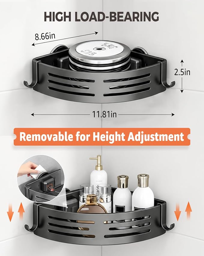 Conworld Corner Shower Caddy Suction Cups, No-Drilling Corner Shower Shelf | 1. No Drilling, No Wall Damage 2. Aluminum, Rustproof 3.Suitable for Ceramic Tiles and Glass Walls