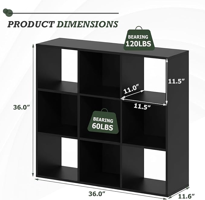 9 Cube Storage Organizer, Reversible Bookcase Shelf | Open Cube Bookshelf, Large Modern Storage for Living Room, Bedroom & Office, Black