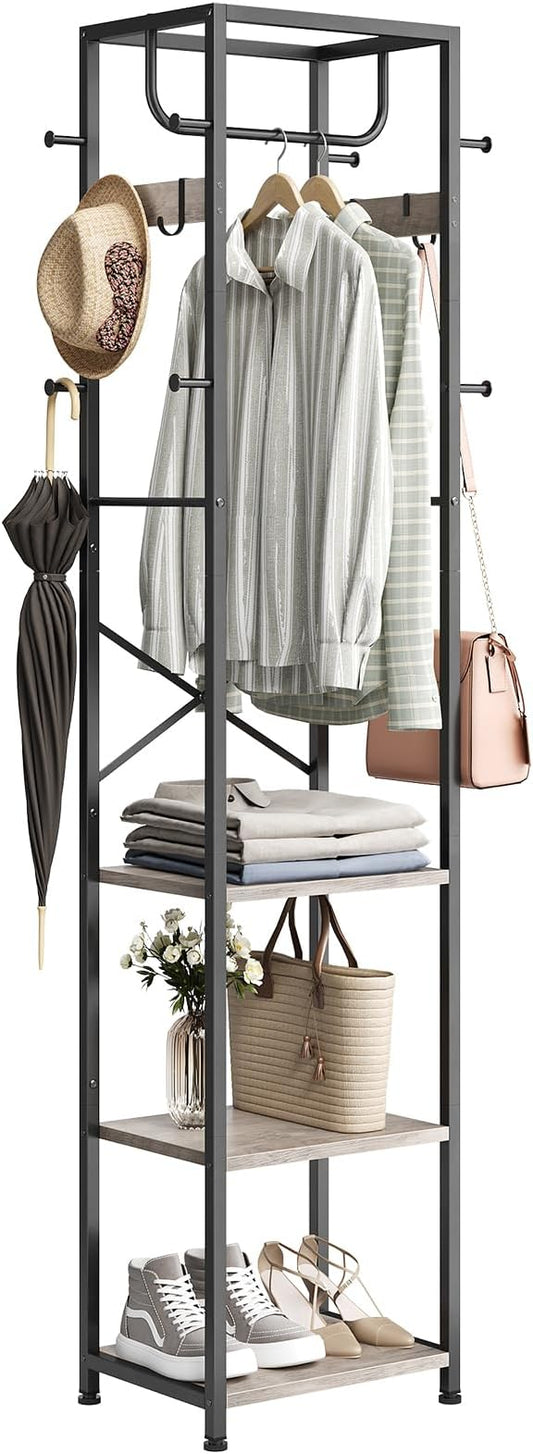 Coat Rack Freestanding, Hall Tree with 3 Shelves and 12 Hooks, Greige | Industrial Metal Frame, Space-Saving Design, Clothes Rack Stand Organizer for Bedroom, Hallway, Entryway, Office, Living Room