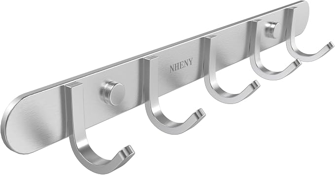 Coat Hook Rack Hanger –Towel Hook Rail with 5 Hooks 13-Inch Wall Mounted for Bedroom, Bathroom, Hallway, Garage, Garden, Office, 304 Stainless Steel Brushed Nickel, Easy Installation (Silver)