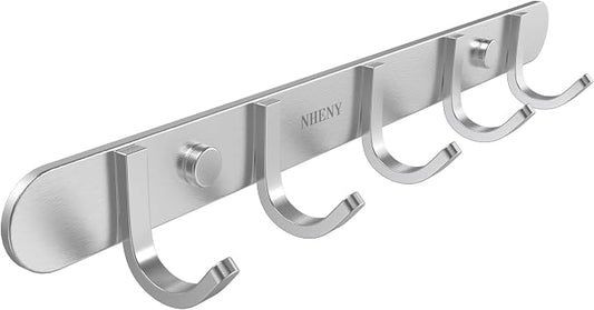 Coat Hook Rack Hanger –Towel Hook Rail with 5 Hooks 13-Inch Wall Mounted for Bedroom, Bathroom, Hallway, Garage, Garden, Office, 304 Stainless Steel Brushed Nickel, Easy Installation (Silver)