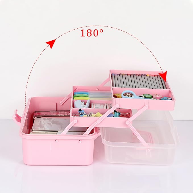 BTSKY 3-Layer Plastic Dividing Storage Box Craft Organizer and Storage | Portable Handled Art Supply Organizer with Adjustable Spacers Multipurpose Home Utility Box for Medicine, Sewing(Pink)