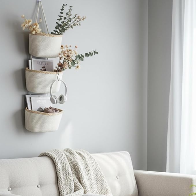 TeoKJ Over the Door Hanging Basket, 3-Tier Woven Cotton Wall-Mounted Storage Organizer Bag Decorative Hanging Nursery Baskets, White & Light Brown
