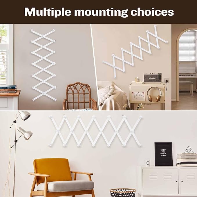 SCUNDA Wall Rack with 20 Hooks, Wooden Wall Expandable Coat Rack for Coat, Hats, Baseball Caps, Coffee Mug, Jewelry(White)