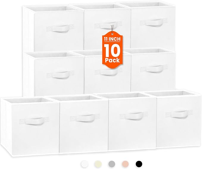 Criusia Storage Cubes, 11 Inch Cube Storage Bins for Shelves Closet Nursery Bedroom - 10 Pack Collapsible Baskets with Handles - Fabric Bins for Organizing Magazines Clothes Blanket Toys (White)