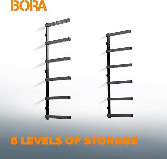 BORA Wood Rack, 6-Level Wall Mount Lumber Storage Rack for Wood Storage | Metal 6-level wall mount wood rack for lumber storage board storage and material shelving