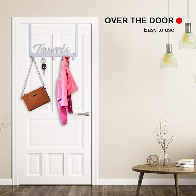 Azmoncy Over The Door Hooks, Towel Hook Towel Holder Over Door Towel Hanger Door Hanger with 5 Coat Hooks Towel Rack for Bathroom Bedroom Kitchen, Chrome