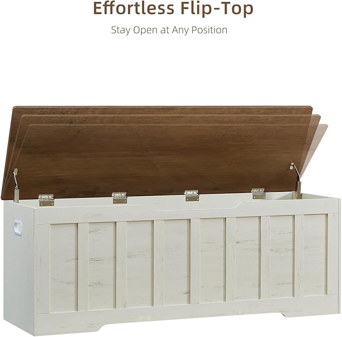 VANKILEY 51.2" Storage Chest Extra Large,Wooden Storage Bench,White+Brown | Chest with 2 Safety Hinges, 51.2*15.7*19.1inches, Wooden Trunk for Bedroom, Livingroom,Entryway,Easy Assembly.