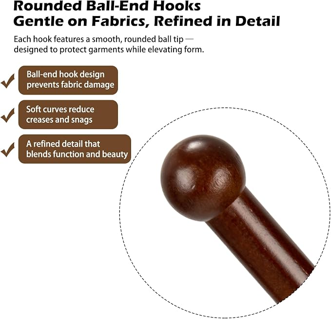 Wooden Coat Rack Freestanding, Adjustable Height Solid Wood Clothes Stand with 8 Ball-End Hooks, Stable Tripod Base, 5.7FT Floor Coat Tree for Entryway Bedroom Office, Brown