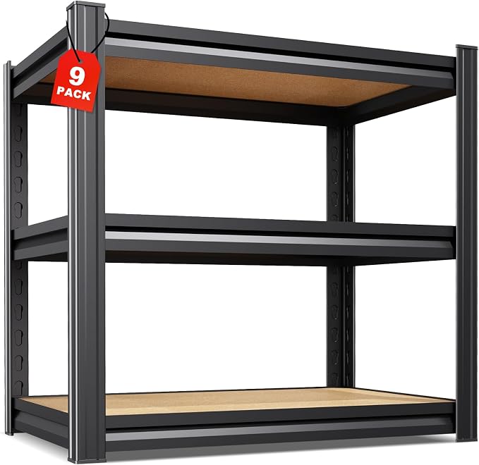 Set of 9 Garage Shelving,3 Tier Garage Storage Shelves,Adjustable Heavy Duty Metal Shelving Units and Storage Large Rack,Utility Steel Shelf For Shop Warehouse Industrial Pantry Basement 33"x35"x16"