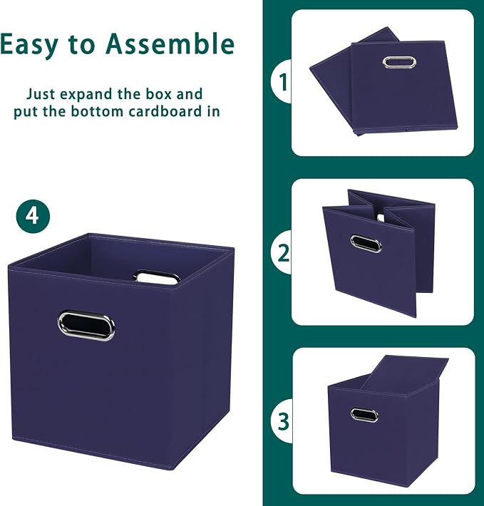 Black Foldable Storage Cubes Bins, Fabric Storage Box Cubes Organizer Baskets with Dual Handles for Home Organizer,Set of 3,(Navy Blue)