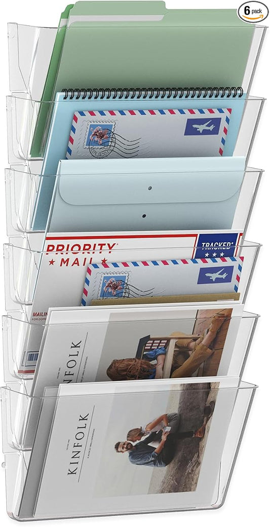 MINDEPOT 6 Pockets Acrylic Wall File Organizer Clear File Holder for Office | Acrylic Wall File Organizer Clear File Holder for Office