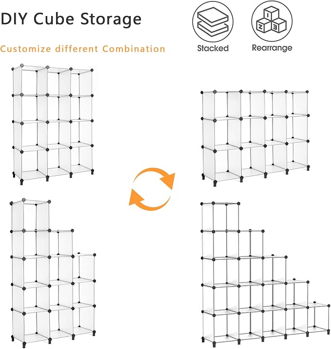 AWTATOS Closet Organizer, 12 Cube Storage Organizer, Translucent | Portable Closet Organizers, DIY Stackable Storage Cubes Shelves Bookshelf, Plastic Clothes Shelving for Home, Bedroom