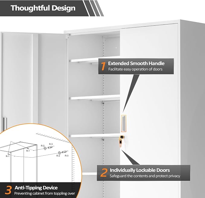 VINGLI Large Metal Storage Cabinet with 2 Doors and 5 Adjustable Shelves, Upgraded Height & Wide & Deep, 40''W x 20''D x 72''H, Oversized Garage Storage Cabinet with Wheels and Locks (White)