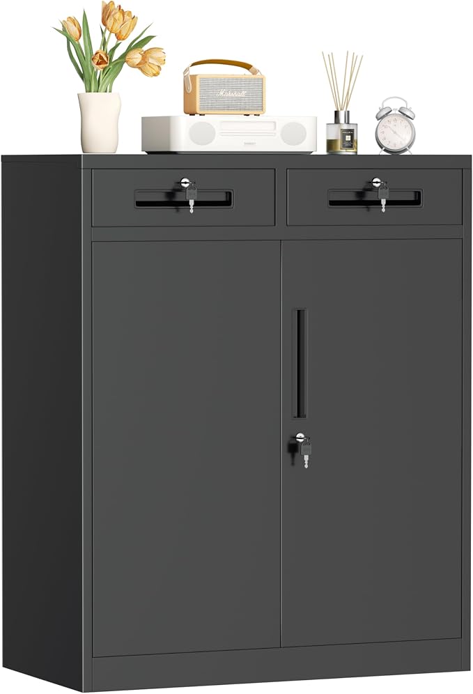 INTERGREAT Metal Garage Storage Cabinets with Lock,Steel Storage Cabinet with Drawer and 2 Adjustable Shelves, Small Lockable Office Steel Cabinet for Home, Warehouse, School, Black