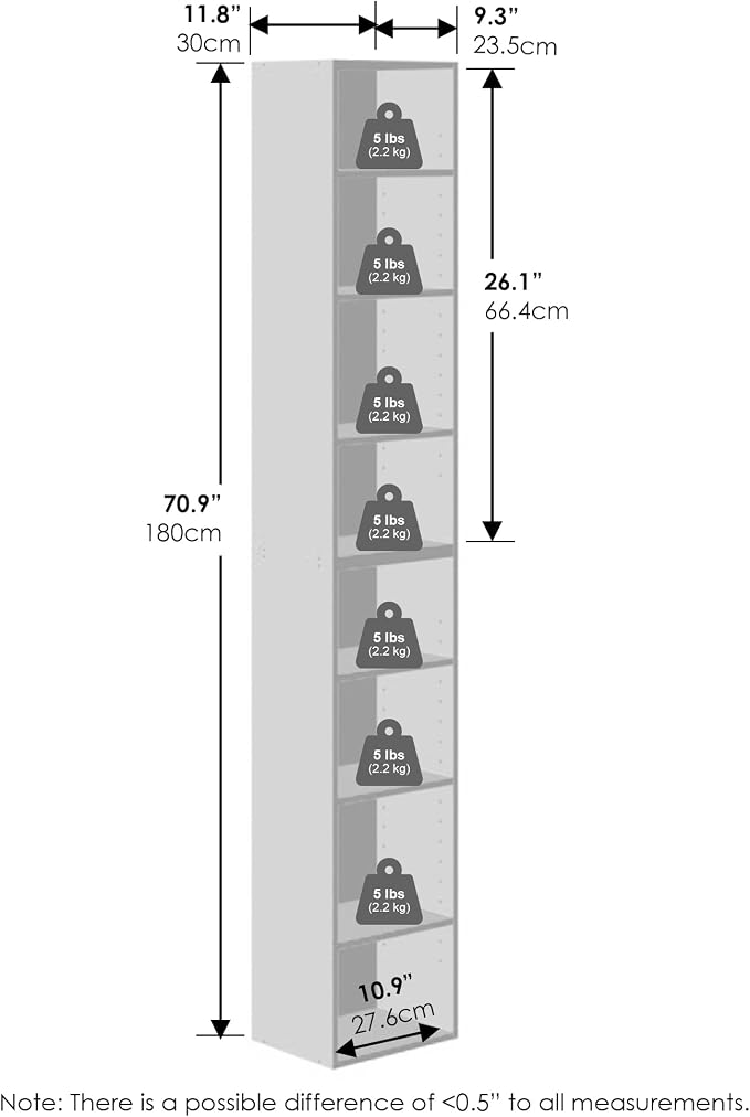 Furinno PASIR 8-Tier Closet Organizers and Storage, Open Shelf, Storage Organizer, 12-Inch Width, for Closet, Bedroom, White