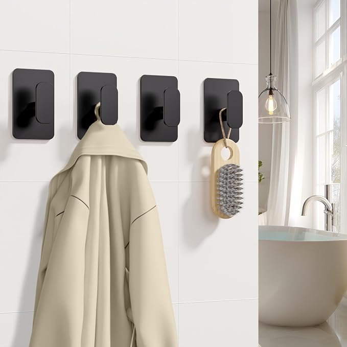 Large Heavy Duty Wall Hooks - 26lb Max, Stainless Steel Adhesive Towel Hooks for Hanging Towel, Coat, Robe, Hat, Sticky Towel Holder for Wall Mount in Bathroom, Shower, Kitchen (Black, 4 Pack)