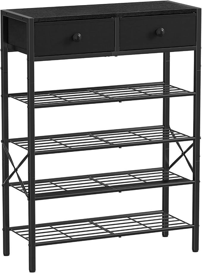 5 Tier Shoe Rack with 2 Drawers, 16-20 Pairs Charcoal | Holds 16-20 pairs. 2 drawers for socks/keys. Removable layer for boots. Anti-tip kit included. Quick assembly.