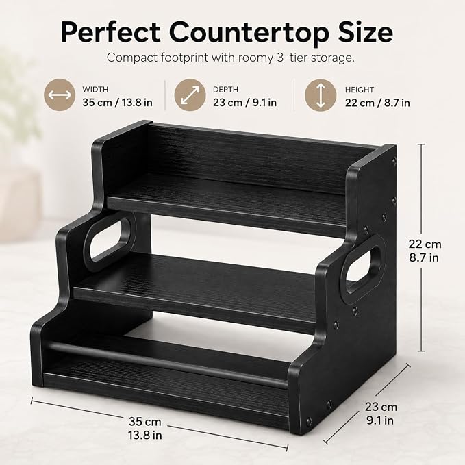3 Tier Spice Rack Organizer for Cabinet, Wood Spice Shelf Storage, Kitchen Seasoning Organizer for Kitchen Countertop or Pantry, Spice Bottles, Bottles, Black
