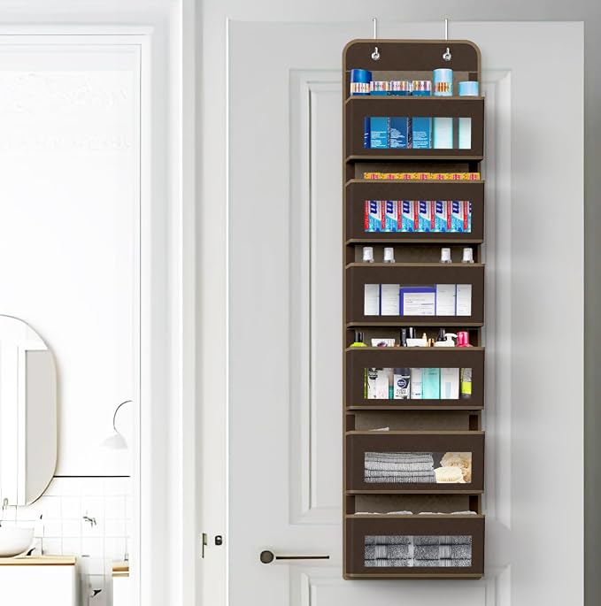 Simple Houseware 6 Clear Window Pocket Over Door Hanging Organizer, Brown | Over the Door Storage for Closet, Bedroom, Bathroom, Pantry