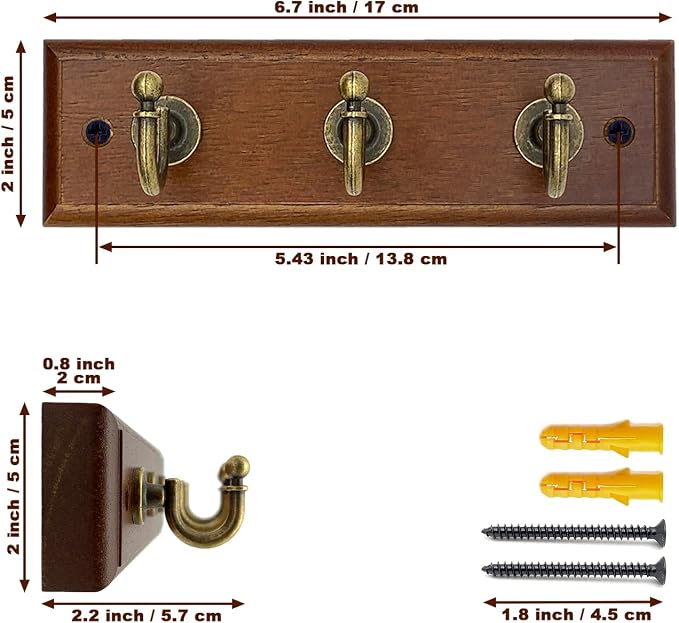 6.7 inch Wooden Key Holder for Wall, Decorative Key Rack with 3 Hooks | 1-Pack, Brown, Retro Metal Hooks, Natural Solid Wood