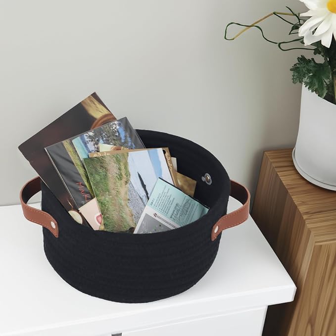 Small Woven Cotton Rope Basket with Leather Handle, Black | Mini Round Storage Basket, Empty Gift Basket, Nursery Toy Organizer, Decorative Shelf Bin, Boho Room Decor