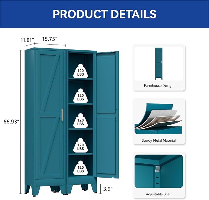 COFaR 67'' Tall Slim Bathroom Storage Cabinet, Metal Narrow Pantry Cabinet with 4 Adjustable Shelves and One Door, Skinny Cabinet Storage for Kitchen Laundry, Peacock Blue Farmhouse 5 Tiers