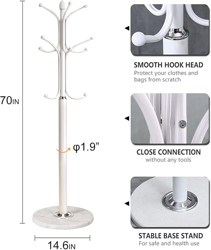 Kertnic Freestanding Coat Rack Stand, Heavy Duty Metal Hall Tree with 12 Hooks, 70 Inch Tall Stable Coat Hanger with 14.6" Natural Marble Base, Entryway Organizer for Coats Bags Hats Purses (White)