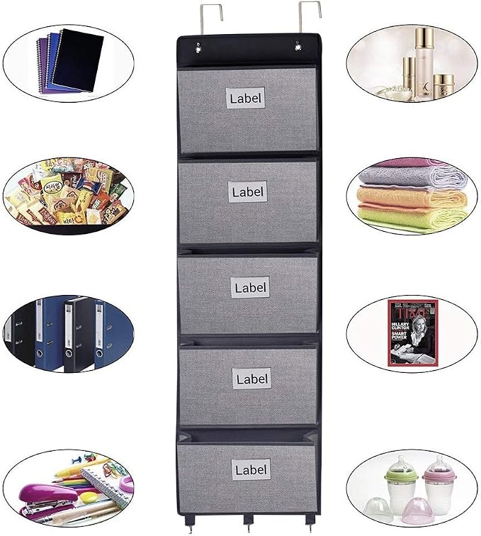 Over the Door File Organizer, Wall Hanging File Folders with 5 Large Pocket for Mails, Magazines, Back to School Supplies,Office Chart Storage, Paper Organization (Grey)