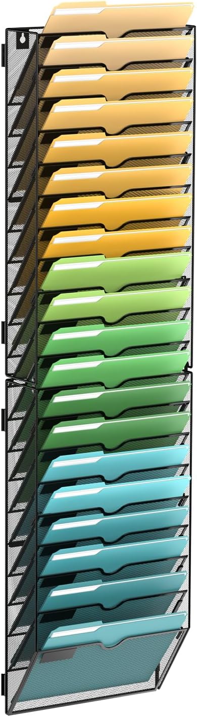 SUPEASY 20 Tier Wall File Organizer, Hanging Wall Mounted Mail Organizer with Label Slots, Metal Mesh File Holder Magazine Rack for Office, Home, School or Classroom, Black