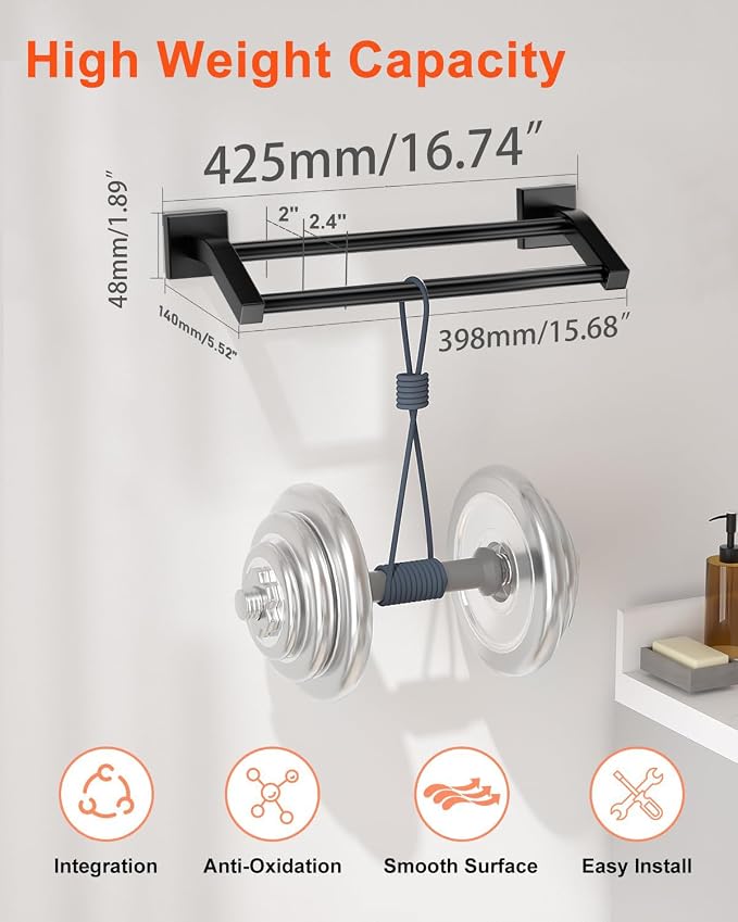 Alise Double Towel Bar,16 Inch Double Towel Racks for Bathroom, Matte Black | Quick Drying Bathroom Towel Holder, SUS304 Stainless Steel Towel Hanger Wall Mounted, Useable Length 14.9"