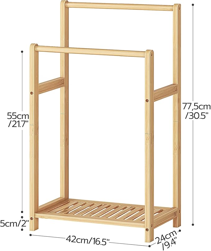 HOOBRO Freestanding Towel Rack for Bathroom, 2 Tier Decorative Bamboo Blanket Rack, Quilt Display Stand with Storage Shelf, 16.5" L x 9.4" W x 30.5" H, Bedroom, Living Room, Natural Color YL02LB01