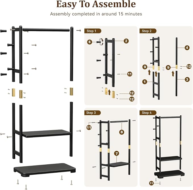 Solid Wood Clothes Rack with 2 Shelves & 4 Hooks for Hanging Clothes Garment Wallets Hats, Black Clothing Rack Heavy Duty Coat Rack Freestanding with Storage Hall Tree for Hallway Bedroom Living Room | Hallway bedroom living room, durable wood construc...