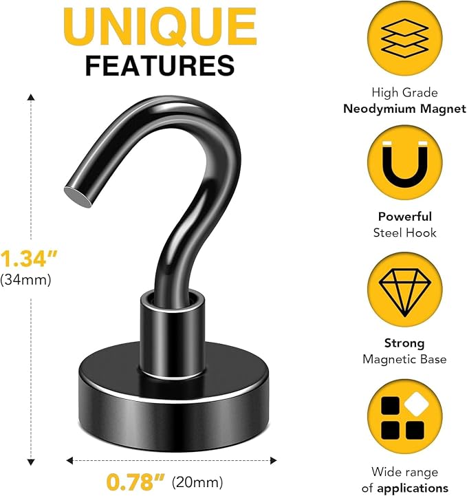 DIYMAG Magnetic Hooks 8pcs 50lbs Cruise Essentials 2026 Magnet Hook Black | Neodymium Heavy Duty Strong Magnets Hanging Ship Cabins Refrigerator Fridge Classroom Beach Vacation Kitchen Grills Home Tool