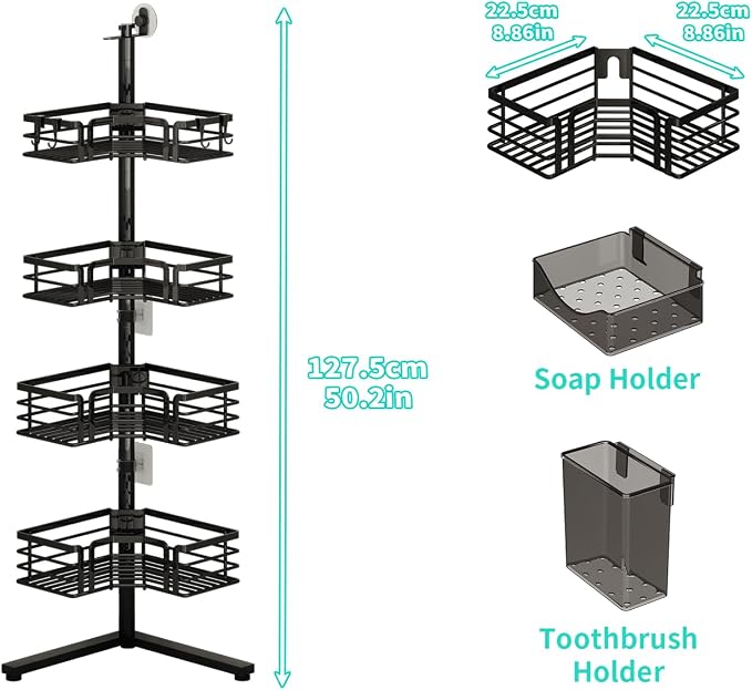 HapiRm Corner Shower Caddy Stand - 4-Tier Adjustable Shower Shelves, Black | Rustproof Stainless Steel, 4 Hooks, Soap and Toothbrush Holders, Large Capacity Shower Organizer for Tall Bottles, No-drill