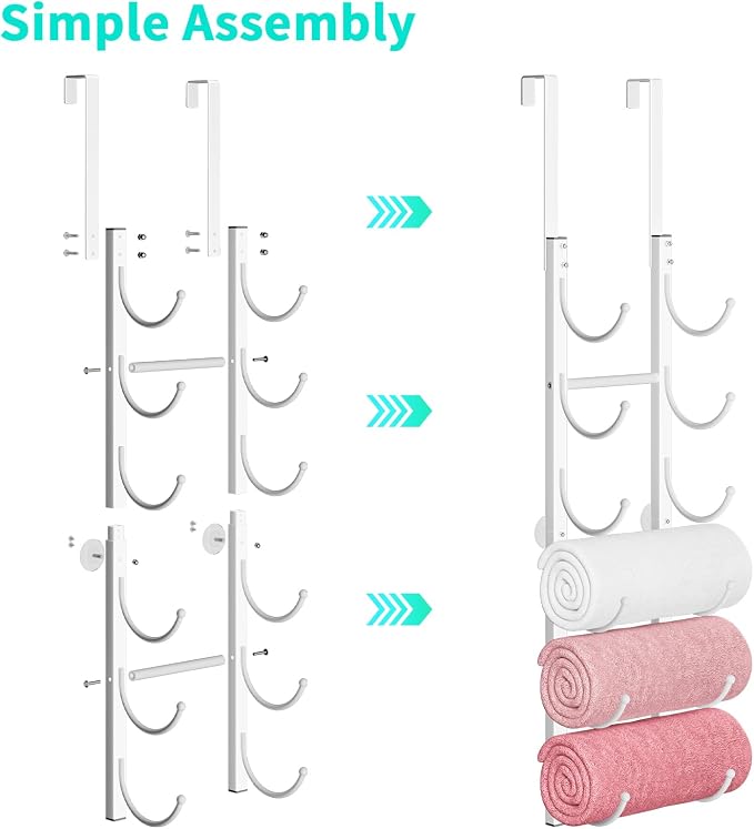 HapiRm Rolled Towel Racks for Bathroom - 6-Tier Over The Door & Wall Mounted Bathroom Towel Storage, Hanging Metal Organizer for Towels & Bath Sheets, Space Saving Rack for Bathroom, Camper, RV, White