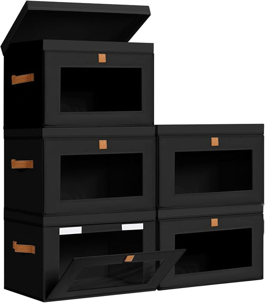 DIMJ Storage Bins with Lids - 5 Pack Large Fabric Closet Organizer with Window & Handles, Collapsible Decorative Storage Boxes for Shelves Under Bed, Books Clothes Blankets Sweaters Organization