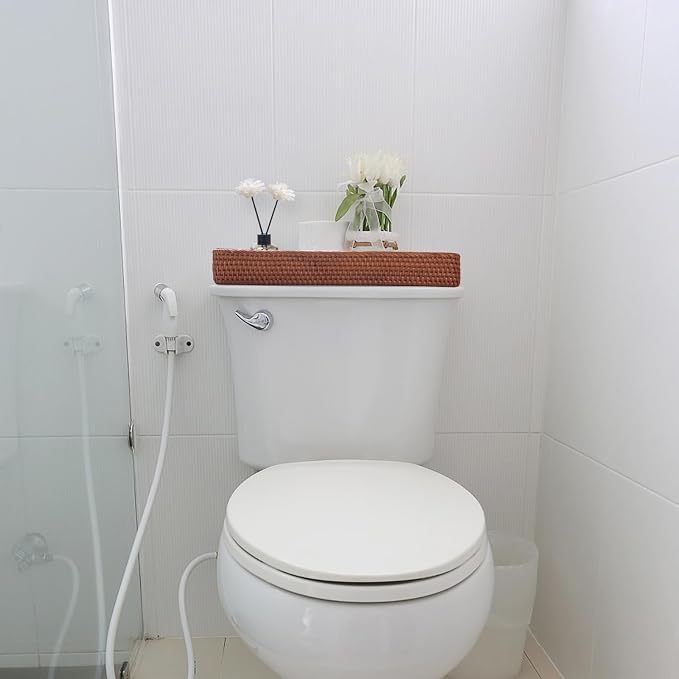 Rattan Bathroom Vanity Trays Toilet Tank Baskets Long Narrow Hand Towel Storage Basket for Storage, Decorative (Honey Brown 16.3 x 6.1 x 2 inch)