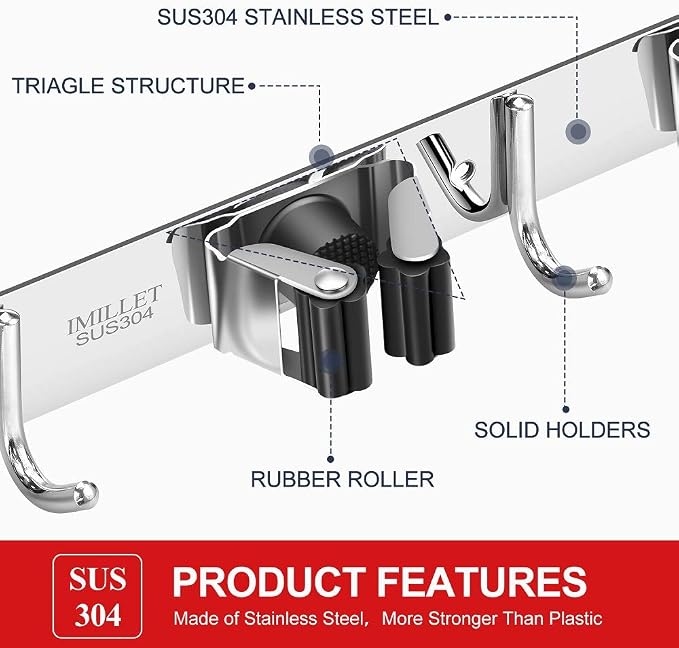 IMILLET Broom Holder Wall Mount Stainless Steel Mop Organizer | 5 Racks 4 Hooks Heavy Duty Garage Organization Storage,Broom and Mop Organizer Wall Hanging Self Adhesive for Laundry Room