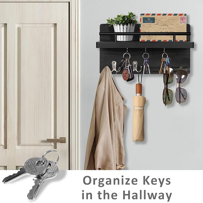 OurWarm Key Holder for Wall Decorative with 5 Key Hooks, Wall Mounted Key Hangers for Wall with Mail Key Rack, Wooden Mail Organizer with Shelf